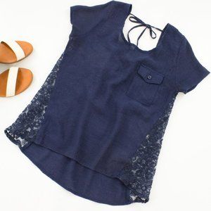 Mine Sheer Navy Top with Lace Insets S